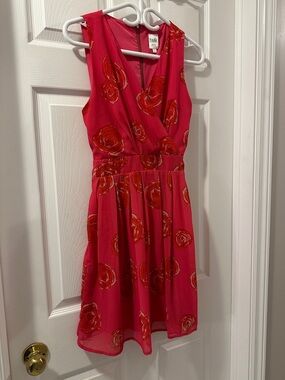 TWIK Pink Chiffon Dress with Red Floral Print, Sz Lg